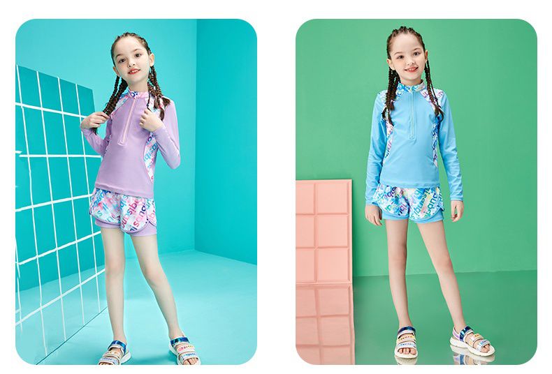 女寶運動風長袖泳衣套裝-繽紛假兩件短褲-紫色