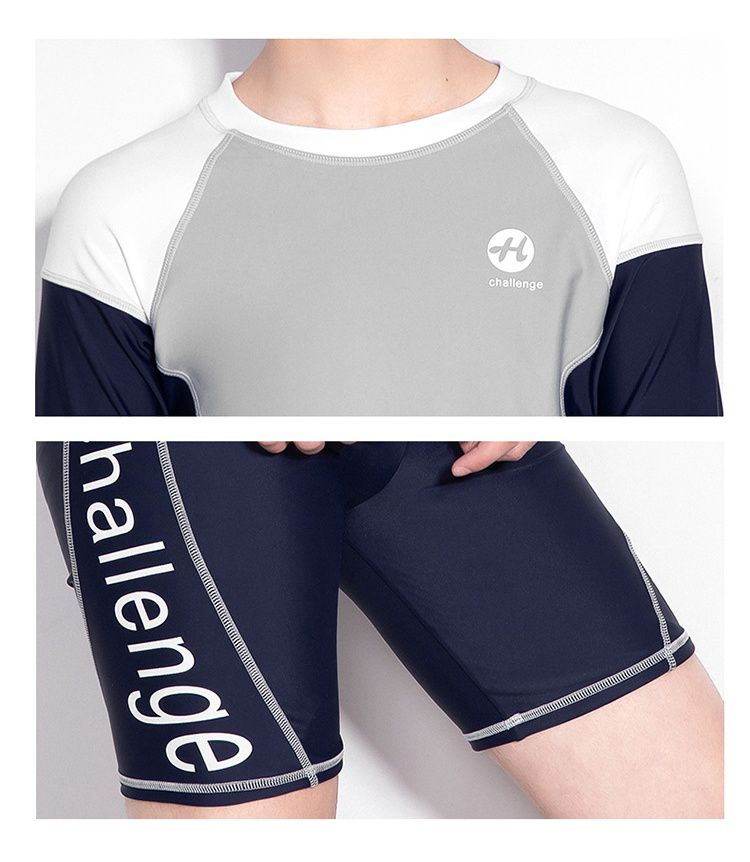 大童男孩長袖泳衣套裝(二件組)-拼色款-藍+灰+白-泳衣、短泳褲