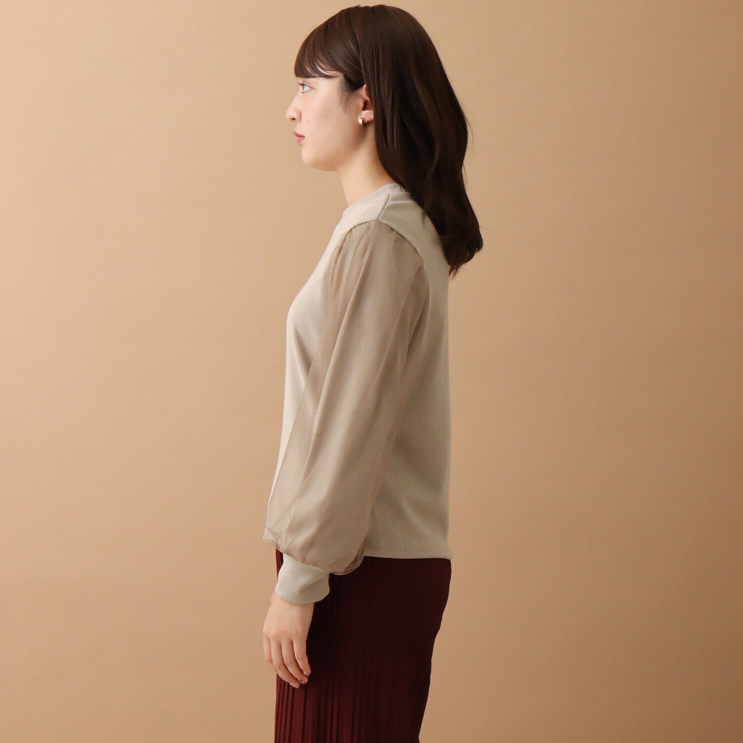 日本 libelle more - 薄紗拼接羅紋長袖上衣-杏