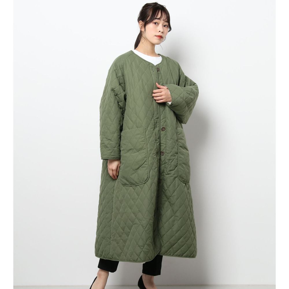 日本 Riche Glamour - 兩面穿鋪棉X毛茸茸圓領長版外套-墨綠