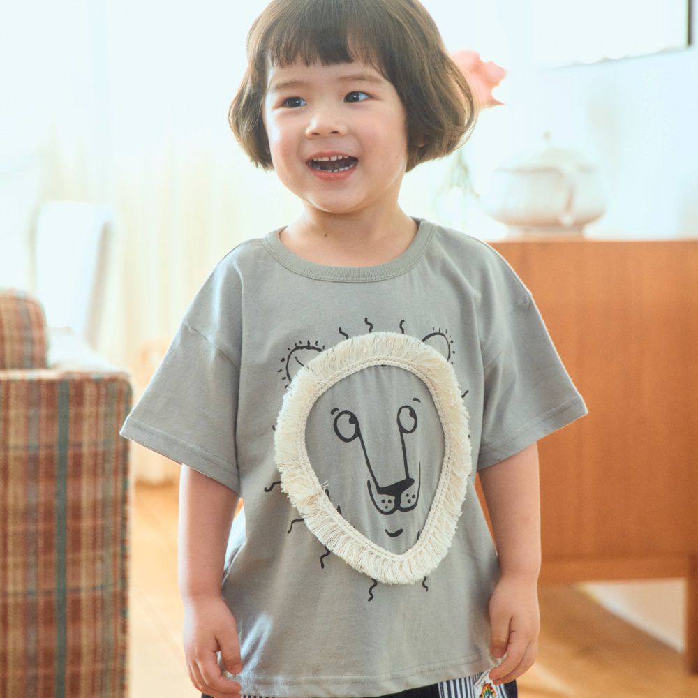 First Blue 立體毛毛獅子純棉短袖上衣-灰