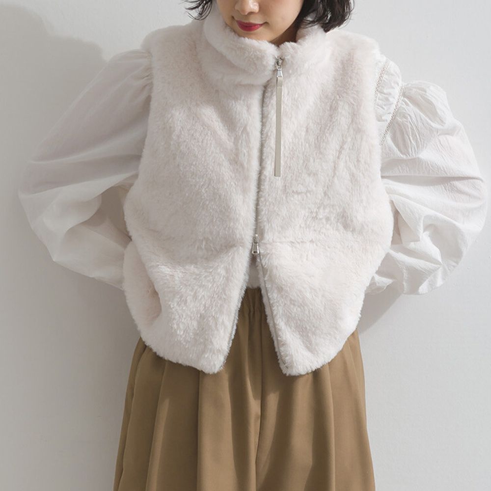 柔軟蓬鬆仿毛立領雙拉鍊背心-象牙白