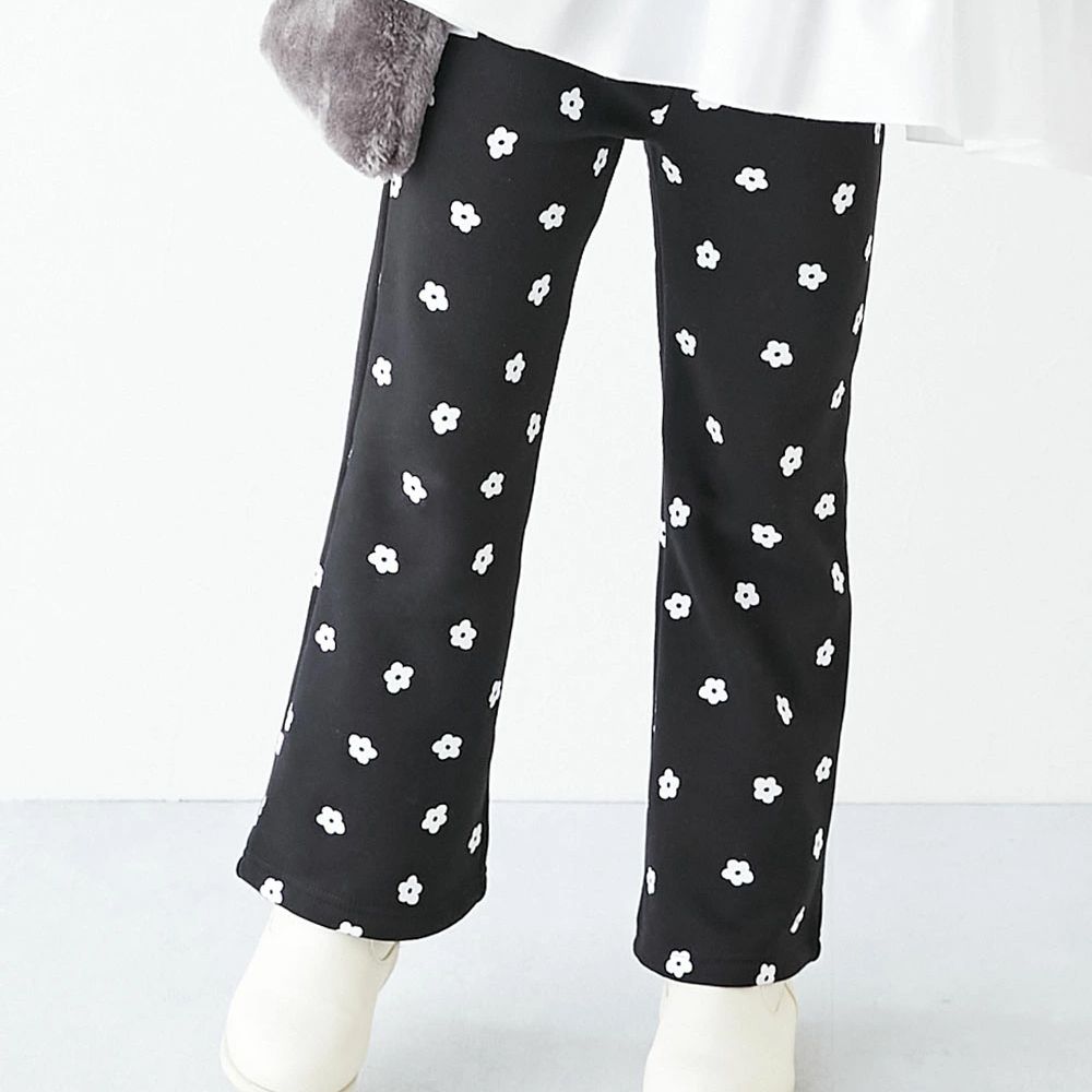 RICH WARM 保暖裏毛喇叭長褲-小花-黑