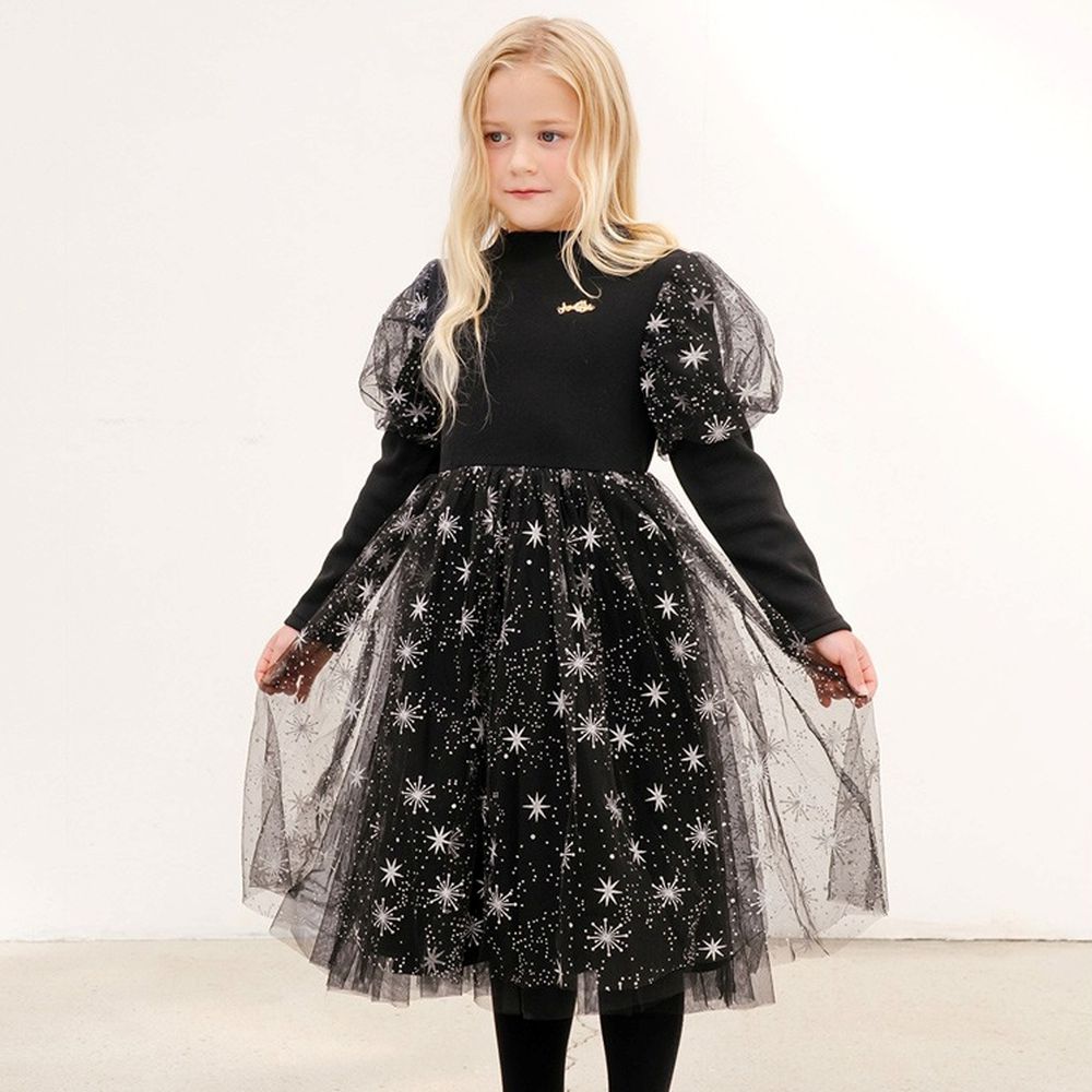 神秘星銀內刷毛公主紗裙洋裝-黑