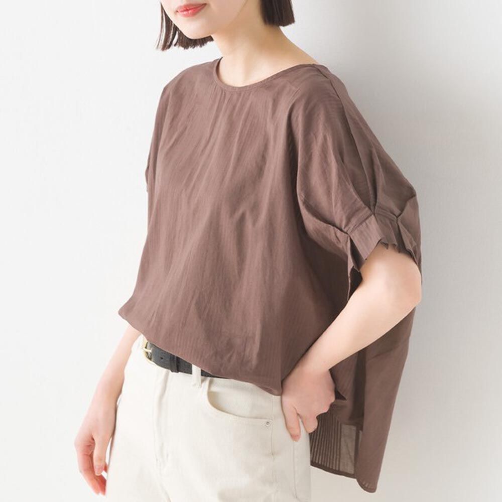 日本 OMNES - 100%印度棉 甜美摺邊短袖上衣-咖啡