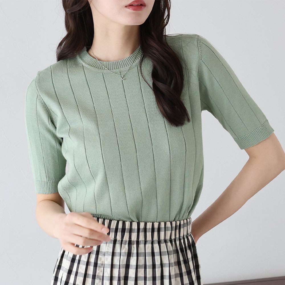 羅紋彈性薄針織五分袖上衣-薄荷綠