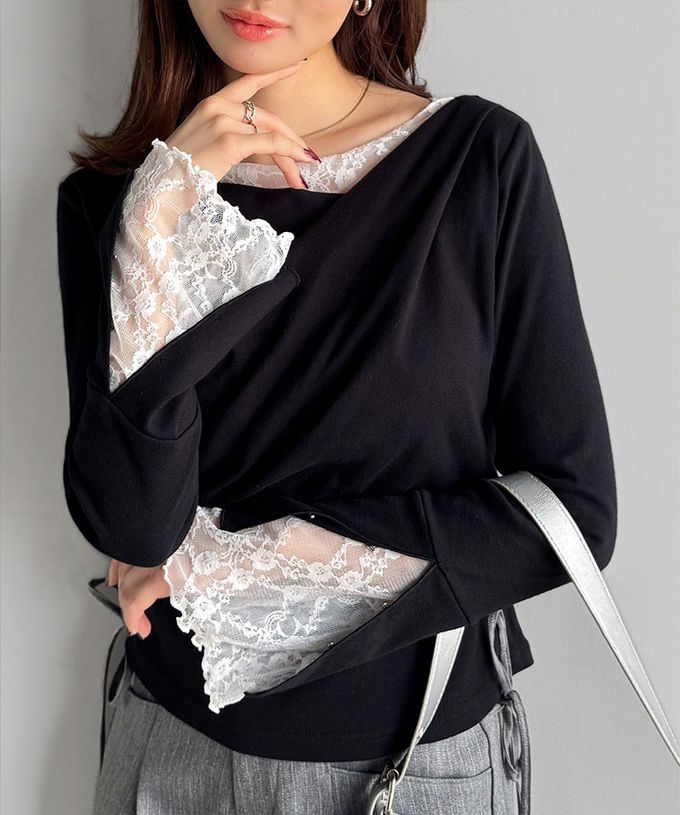 日本 Classical Elf - 蕾絲皺摺美型喇叭袖上衣-淺灰