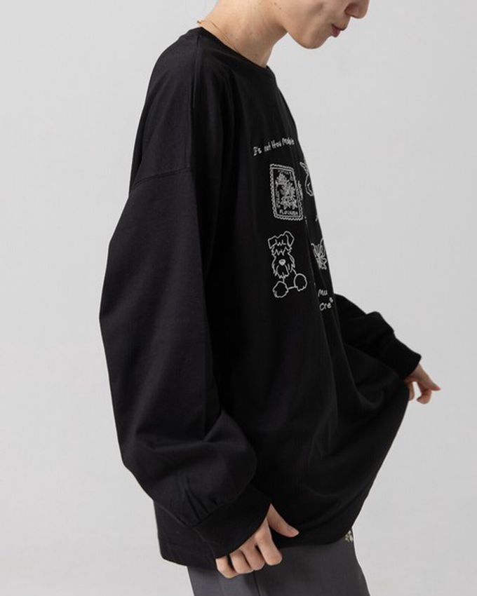 日本 gleam - 甜蜜刺繡印花休閒寬版長袖T恤-黑