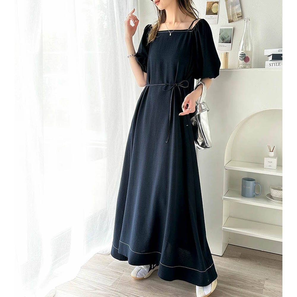 典雅2way露肩腰綁帶泡泡袖洋裝-海軍藍
