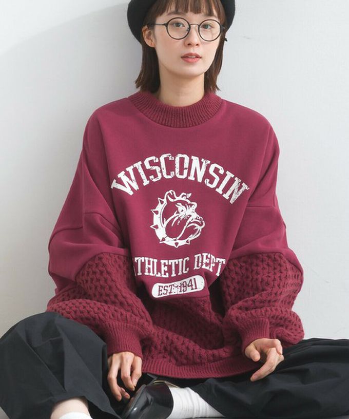 日本 Lupilien - 鬥牛犬印花粗針織拼接裏毛長袖上衣-酒紅