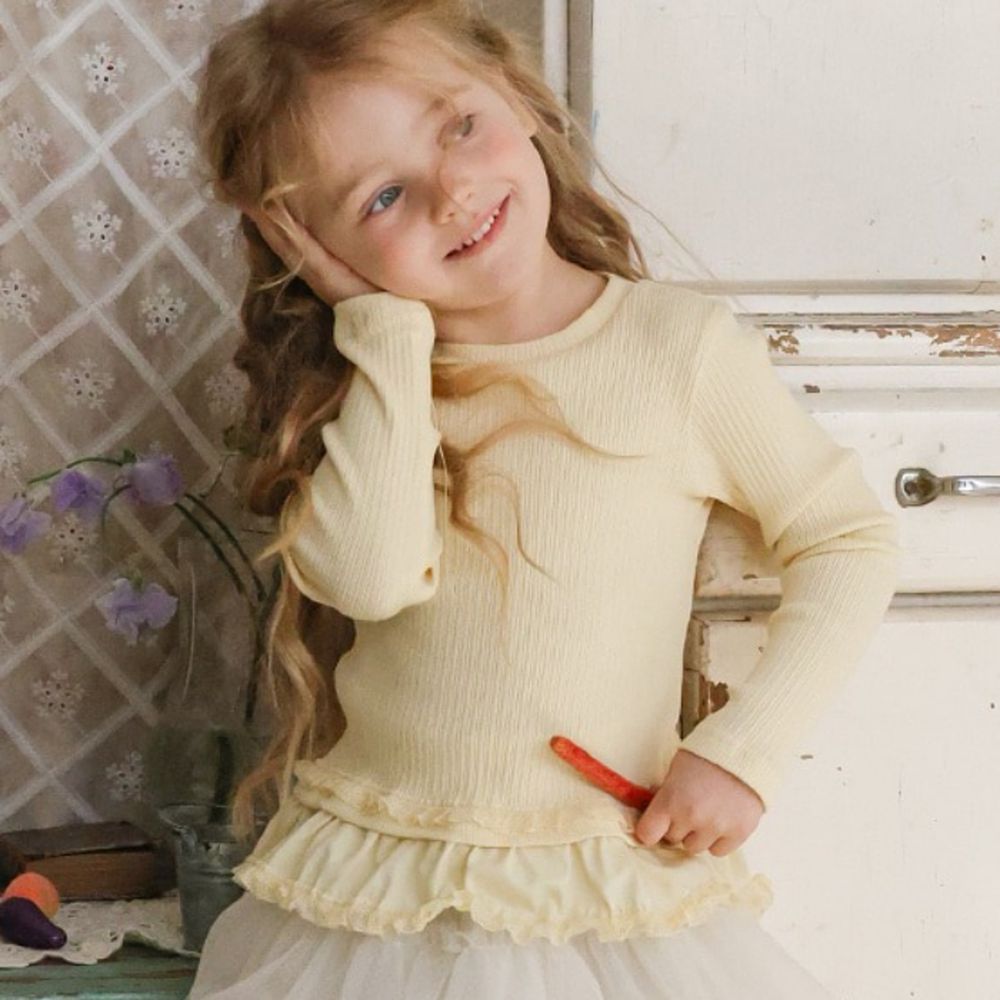 Puellaflo 雙層蕾絲拼接下擺長袖上衣-鵝黃