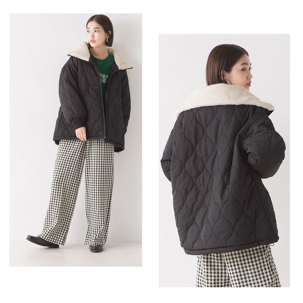 日本 OMNES - 短絨翻領泡泡紋鋪棉保暖外套-卡其