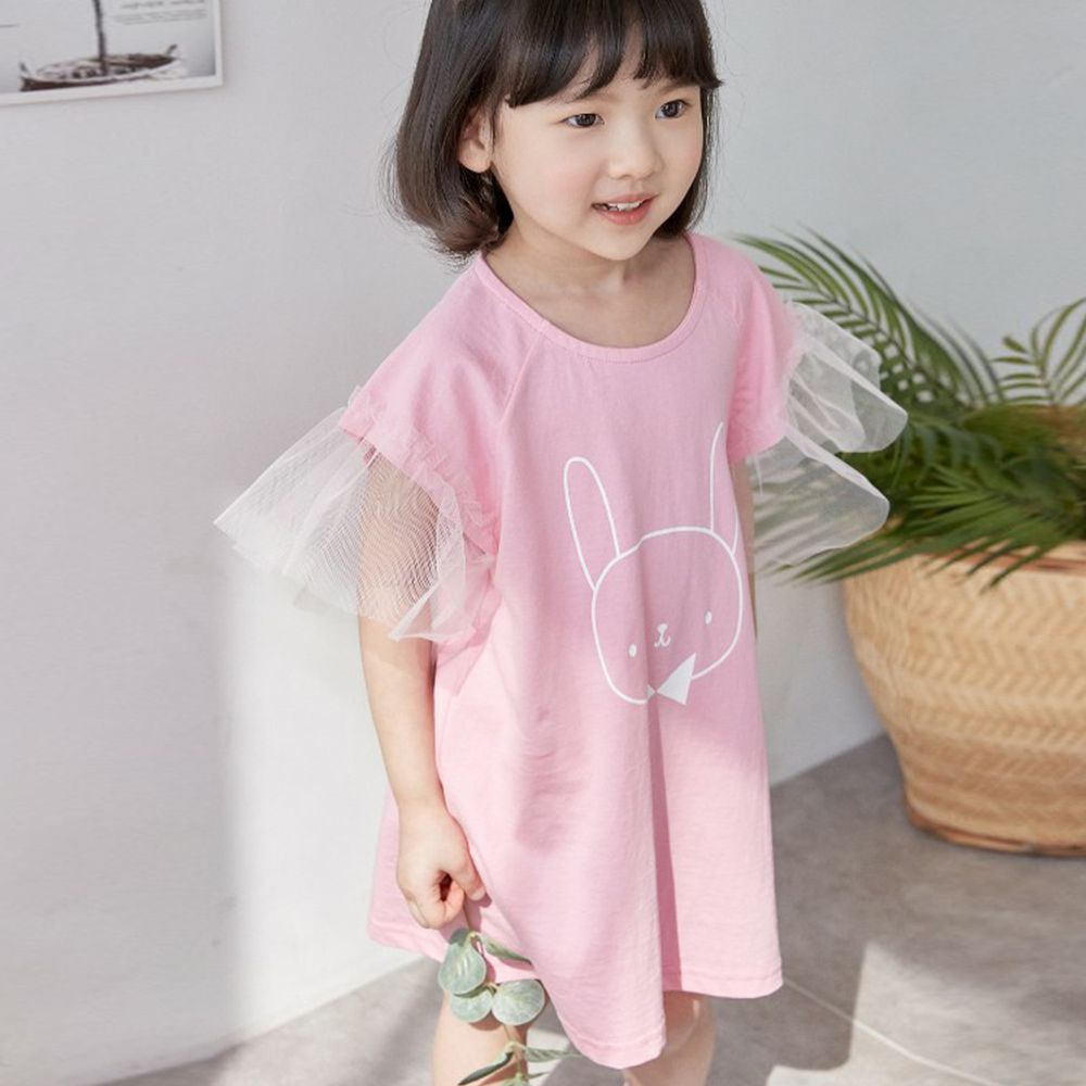 韓國 kikimora - 大網紗袖兔兔洋裝-粉紅