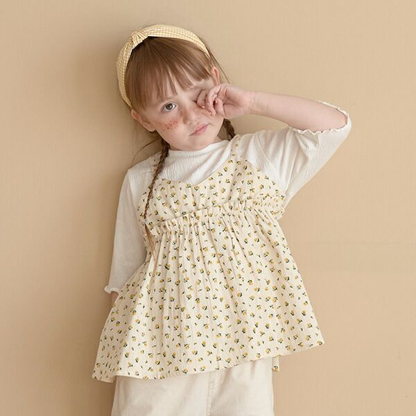 日本 Lycee mine - 假二件吊帶五分捲邊袖上衣-灰x藍花