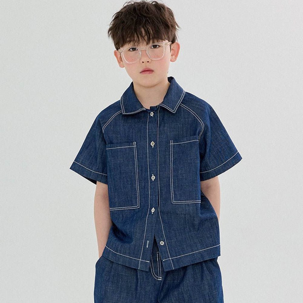 經典大口袋丹寧翻領襯衫-深藍