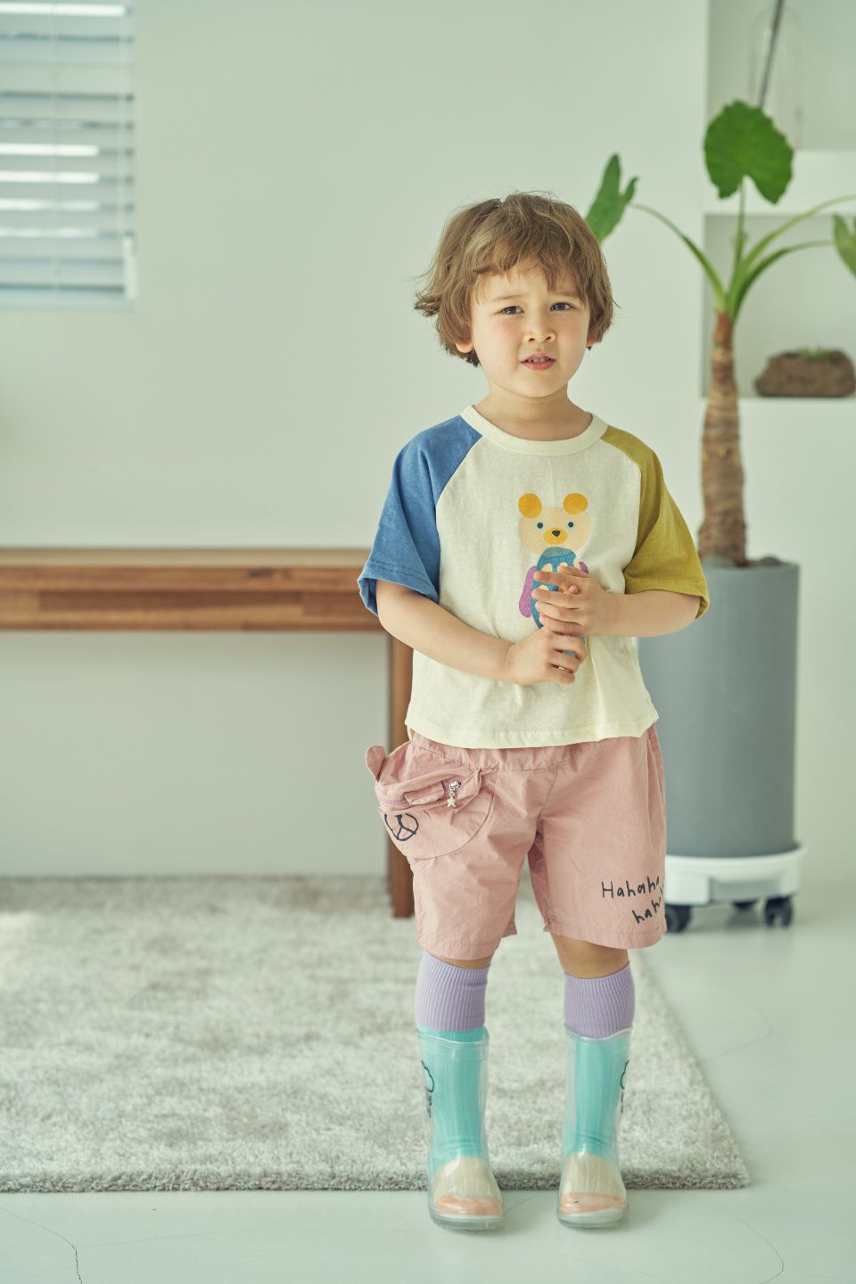 韓國 Mimico - 波波熊拼接色T-藍X褐