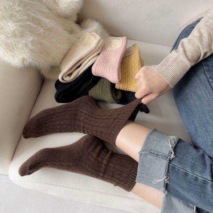 韓國Marian - 花紋素色羊毛保暖襪-芥茉黃 (Free)