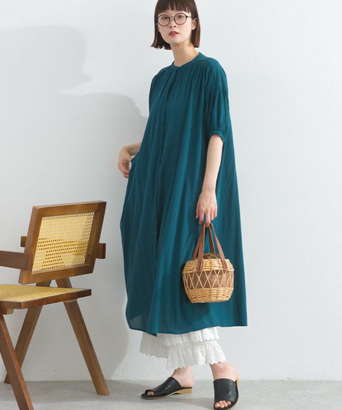 日本 Lupilien - 100%印度棉 輕盈巴里紗襯衫洋裝-藍綠