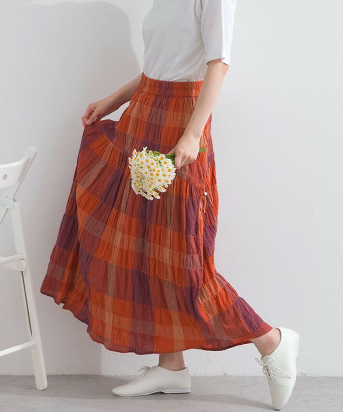 日本 Lupilien - 印度棉 皺皺文青格紋側抽繩長裙-橘