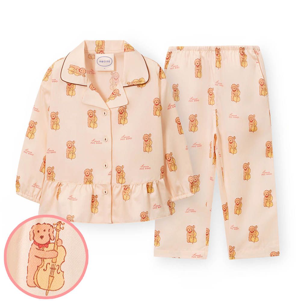 (女寶)透氣輕柔棉翻領長袖睡衣套裝-狗狗大提琴-杏膚