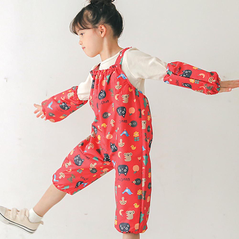 日本 ZOOLAND - 可愛防水遊戲服/玩沙衣-貓咪-紅 (80-110cm)