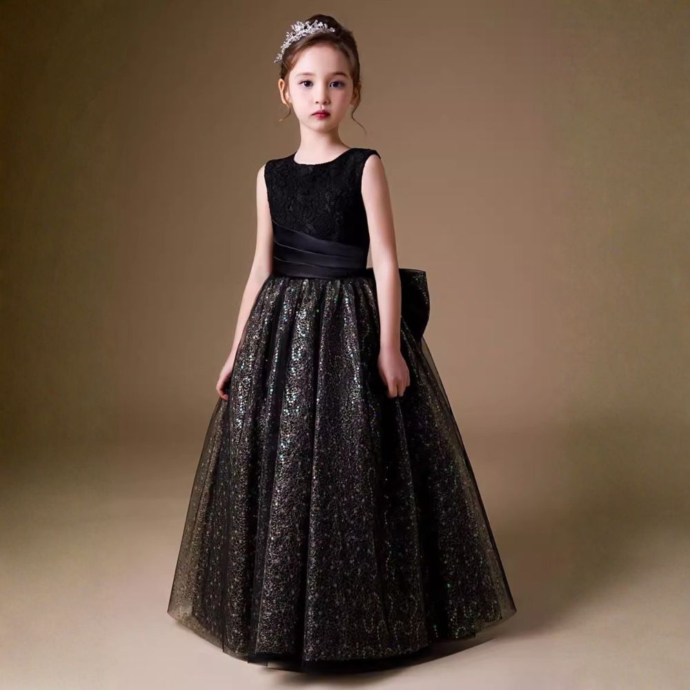 貴氣蕾絲立體摺婚紗緞腰帶繡亮片紗裙無袖長禮服-黑色