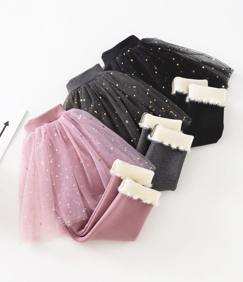 FANMOU - 加絨網紗亮片褲裙-星星月亮-灰色