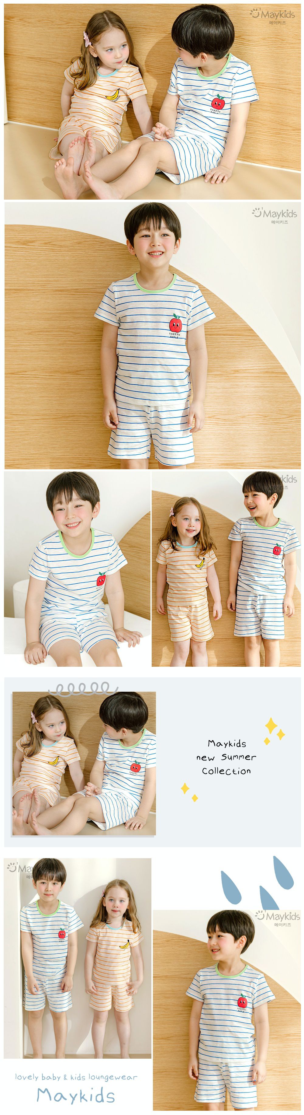 韓國 Maykids - 有機棉細柔短袖家居服-條紋紅蘋果