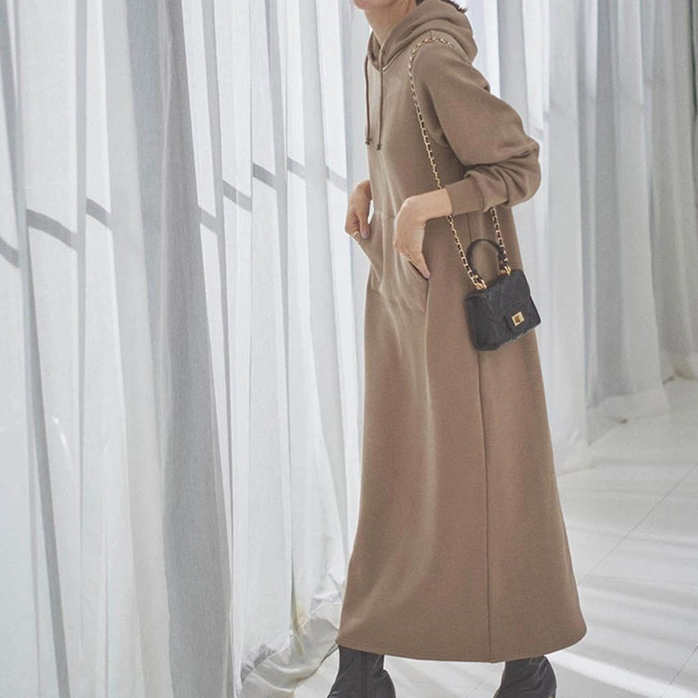 極上溫暖 裏起毛修身帽T長袖洋裝-摩卡