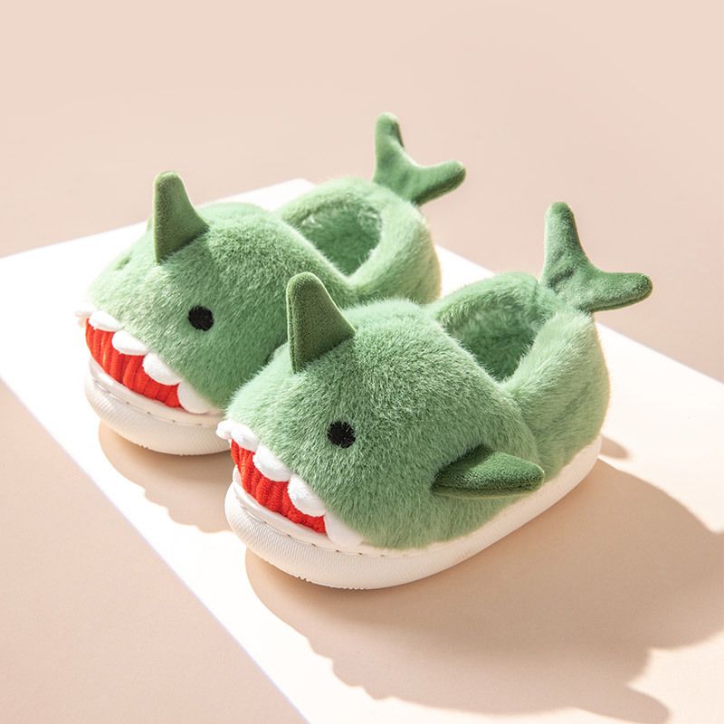 (兒童)立體造型毛絨暖暖室內拖鞋-鯊魚-藍色