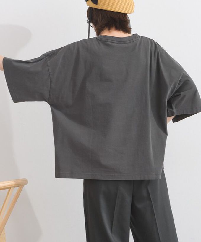 日本 Lupilien - 純棉復古刷色簡約落肩五分袖上衣-炭灰