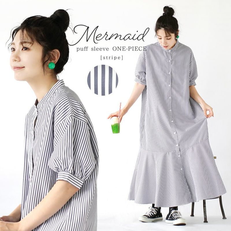 日本 zootie - 文藝感泡泡袖排釦魚尾洋裝-直條紋