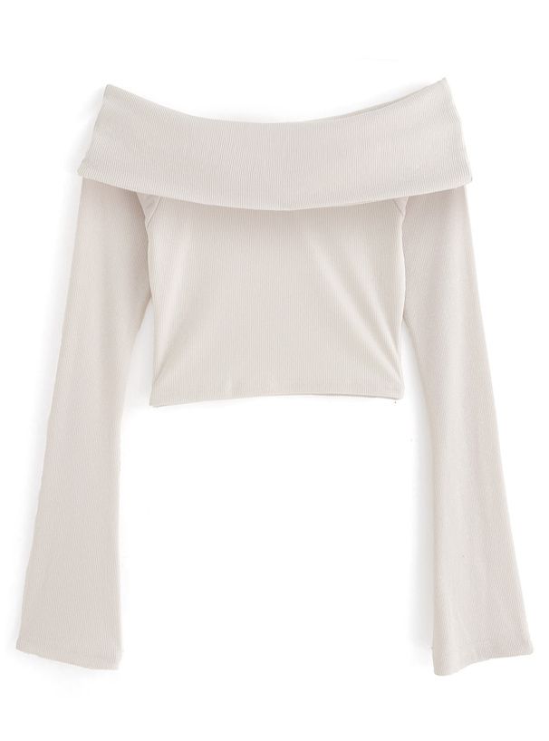 日本 GRL - 平口羅紋彈性長袖上衣-卡其米