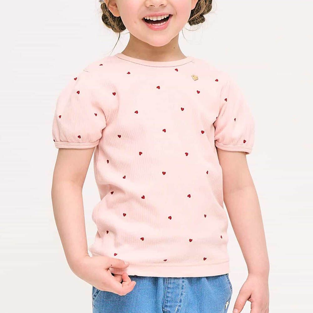 後備鏤空蝴蝶結短袖上衣-愛心-粉紅