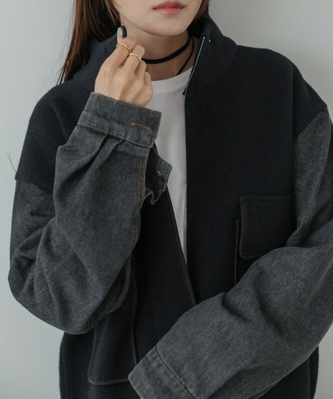 日本 Bab - 俐落簡潔丹寧袖拼接夾克/外套-棕系