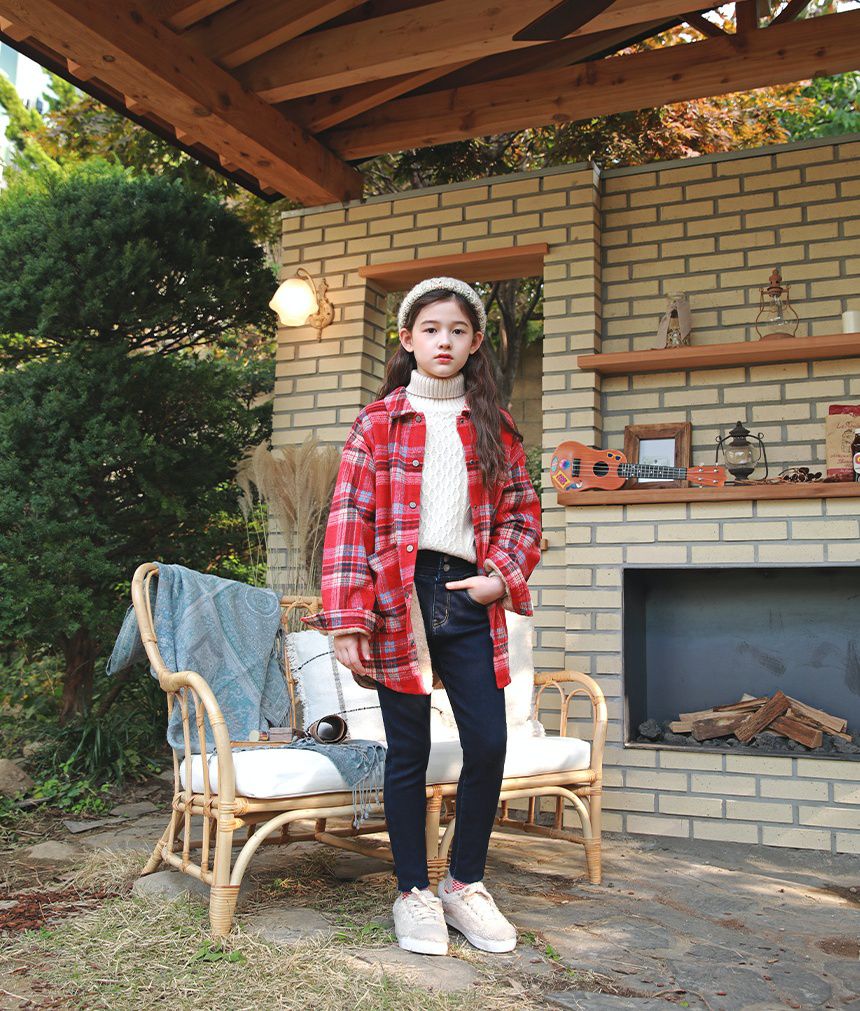 韓國 J KIDS - (內刷毛)長版紅格子襯衫/夾克