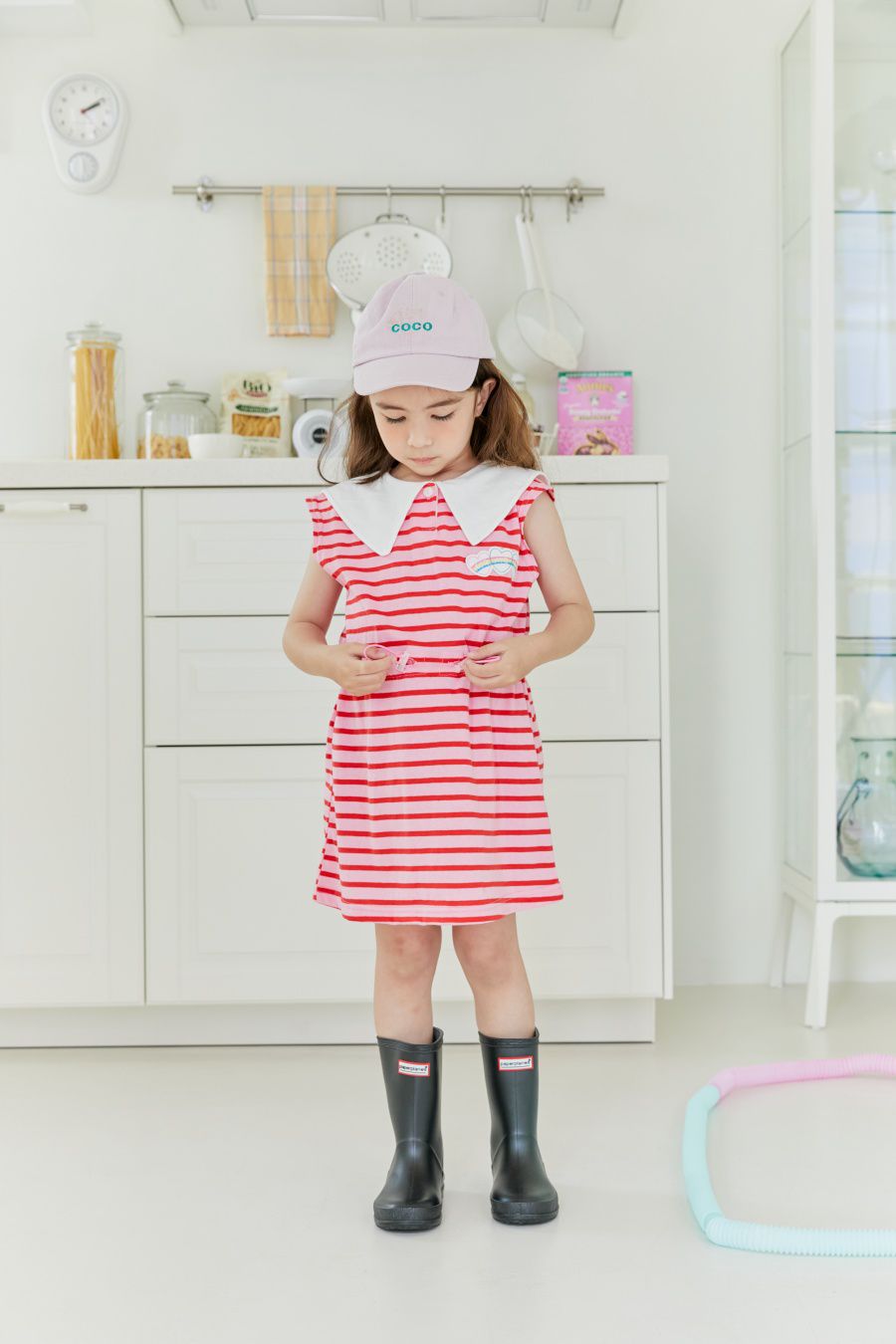 韓國 MINIATURE - 氣質翻領縮腰橫紋洋裝-粉紅