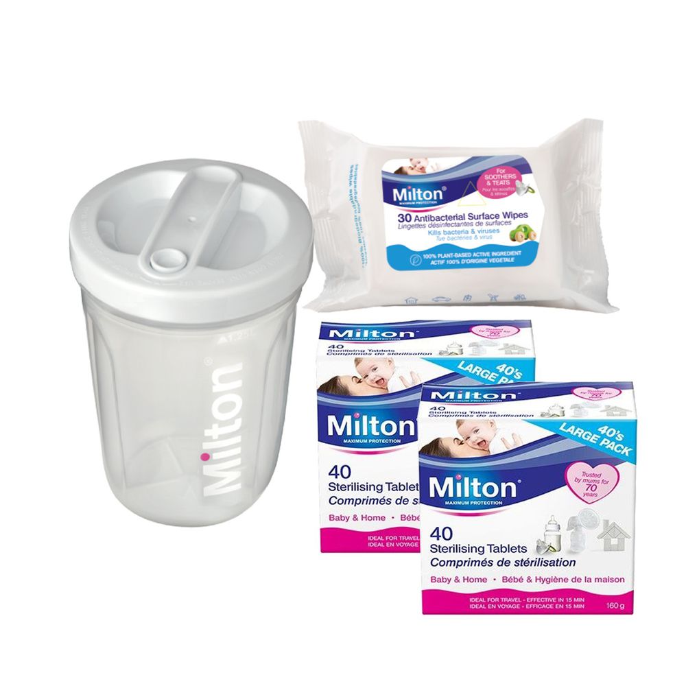 英國 米爾頓 Milton - 二用隨身消毒器+消毒錠(40入/盒)*2+抗菌濕紙巾*1