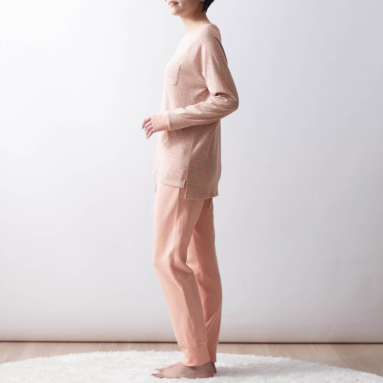 日本千趣會 - 100%棉 舒膚發熱家居服/睡衣-媽媽-條紋橘粉