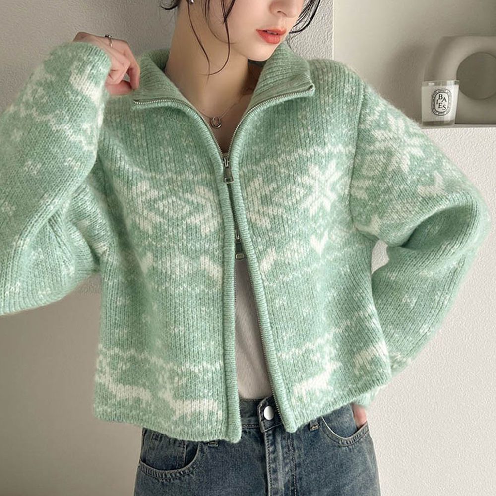 mily bilet 北歐雪花氛圍短版針織外套-綠x白