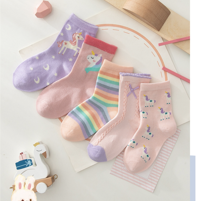 love, charlotte - 馬卡龍色彩虹夢幻獨角獸中筒棉襪-5 雙一組
