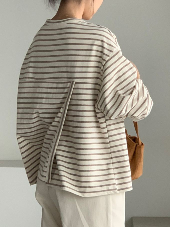 韓國女裝連線 - 不對稱後開衩條紋長袖上衣-可可咖 (FREE)