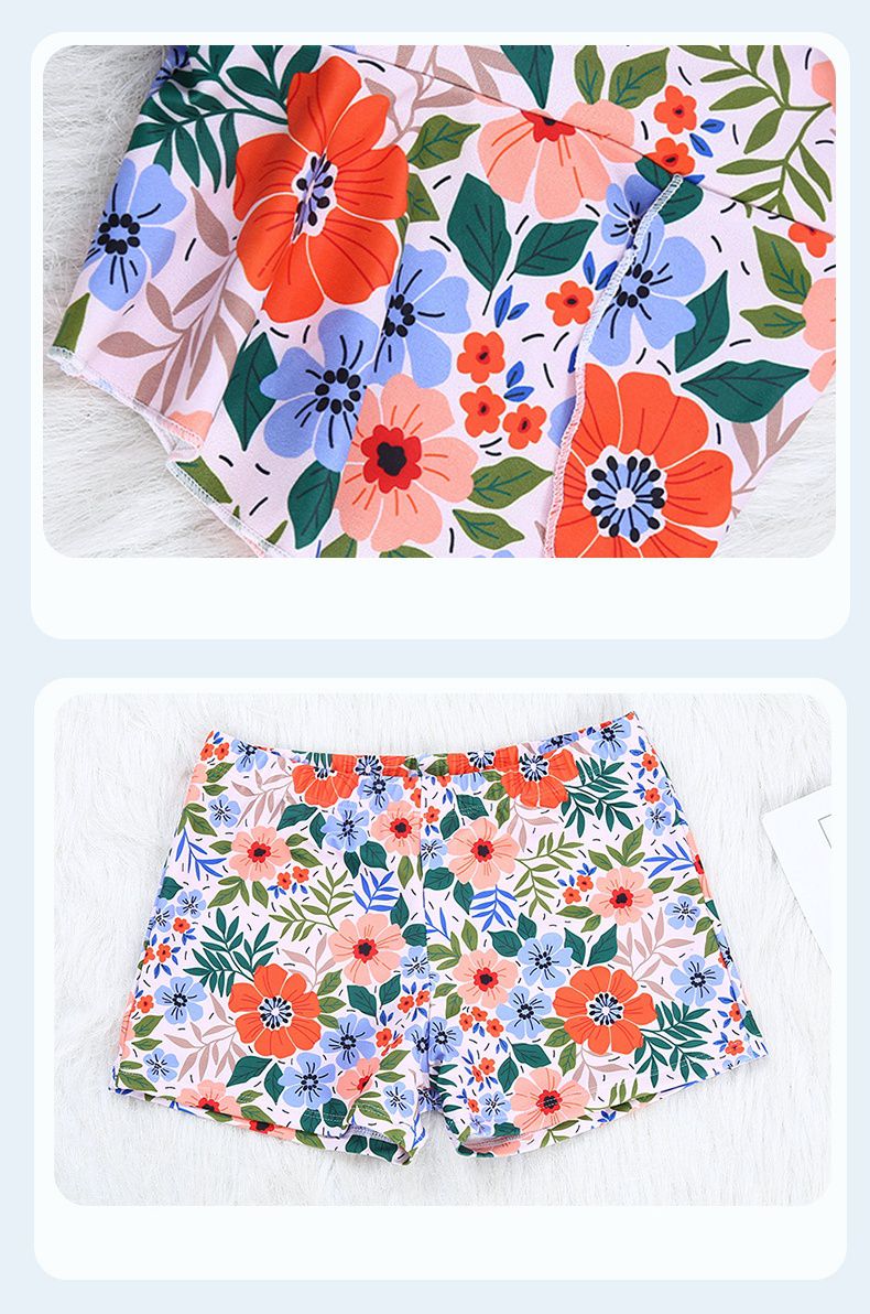 甜美碎花修身顯瘦遮肉連身裙泳衣-滿版花花-深藍+橘