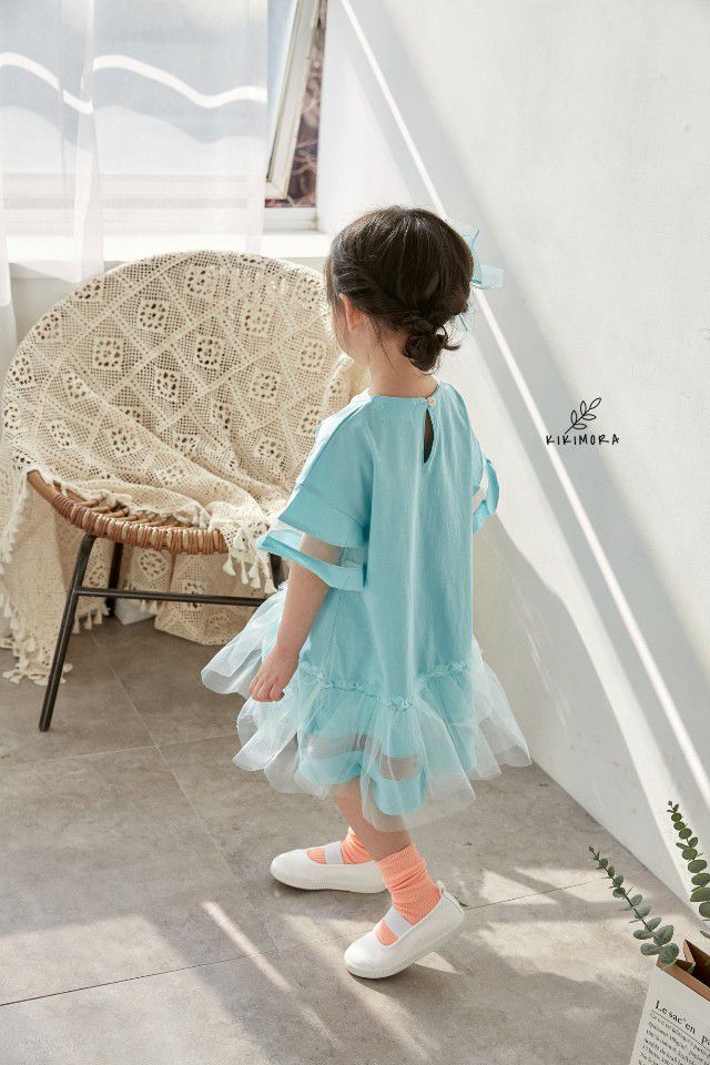 韓國 kikimora - 寬袖Elsa魚尾網紗洋裝-湖水綠