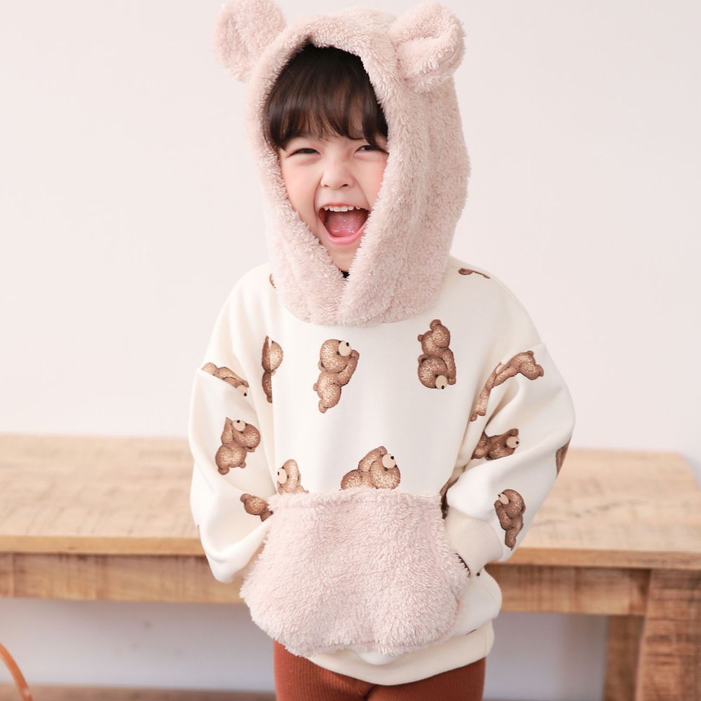 韓國 Coco rabbit - 絨毛熊熊造型連帽T-米白