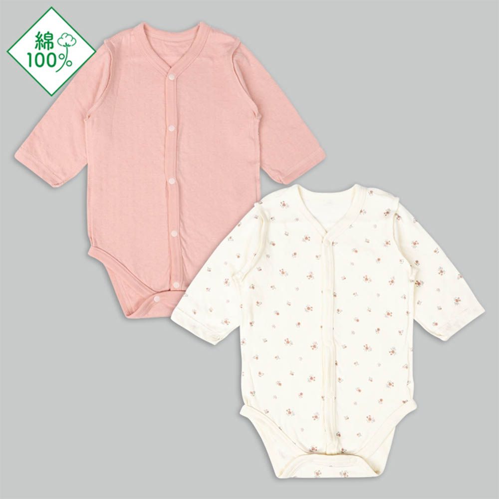 長袖包屁衣2件組-蓬鬆棉 前開式 小花-粉紅色