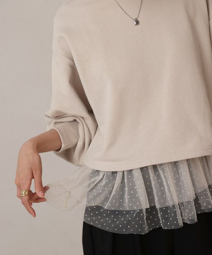 日本 Bab - 浪漫層次吊帶+裏毛上衣(2件組)-圓點薄紗-深灰