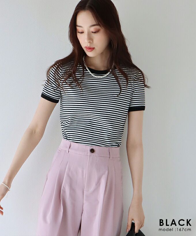 日本 BLUE EAST - 簡約條紋百搭短袖上衣-黑