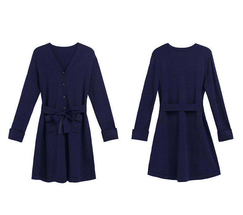蝴蝶結綁帶針織長袖連身裙-深藍色
