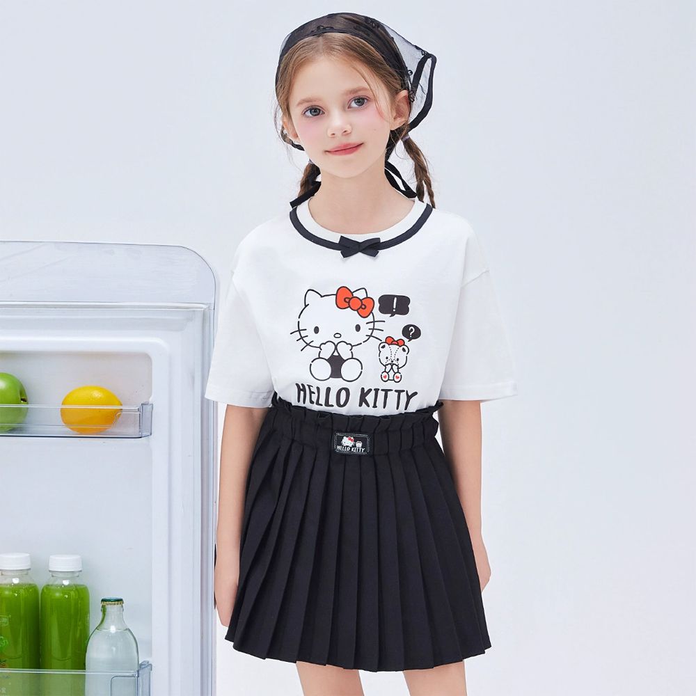 蝴蝶領短袖上衣+百褶短裙套裝-卡通人物Hello Kitty-白色